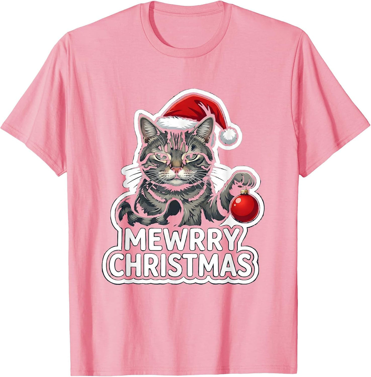 Men's Mewrry Christmas Funny Cat Lover Holiday Humor Sticker T-Shirt - Pink