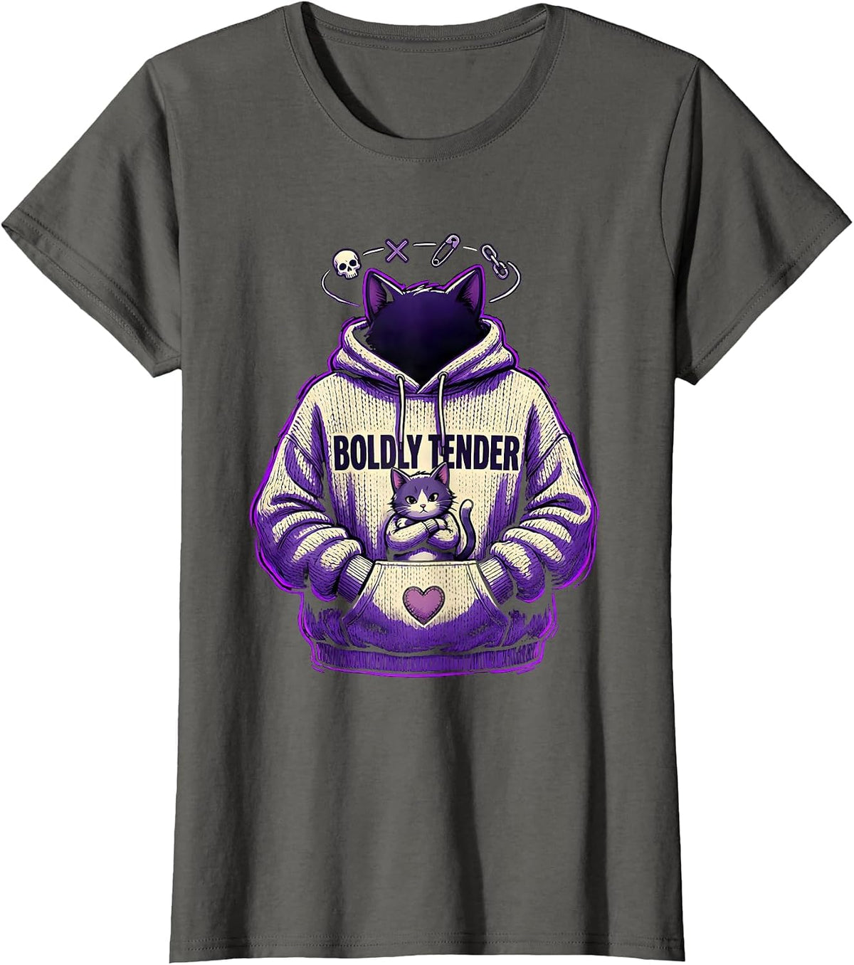 Women's Boldly Tender Emo Goth Cat Girl Alt Aesthetic Dark Cute T-Shirt - Asphalt Grey