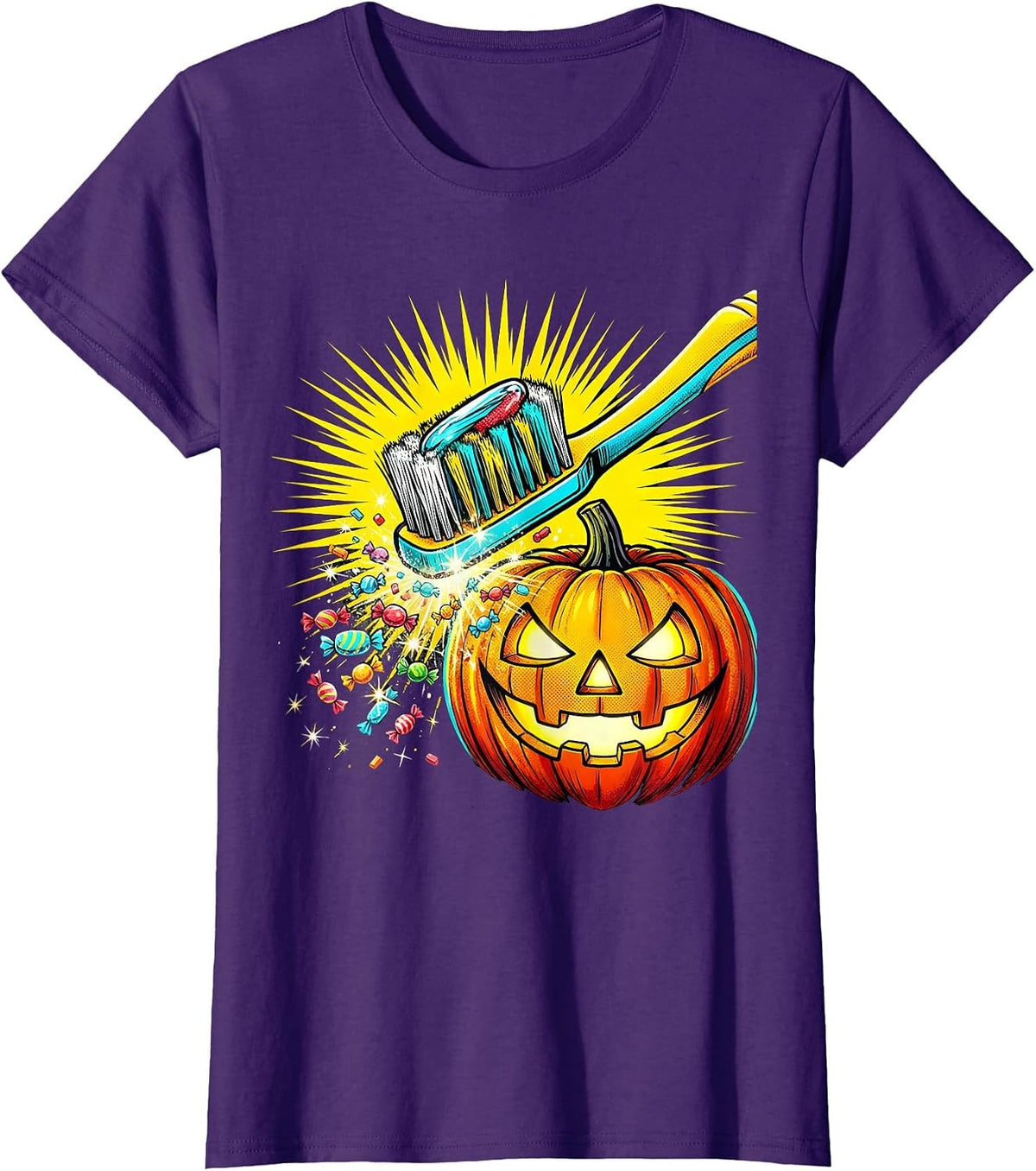 Women's Oversized Toothbrush Jack-O-Lantern Dental Humor Halloween T-Shirt - Purple