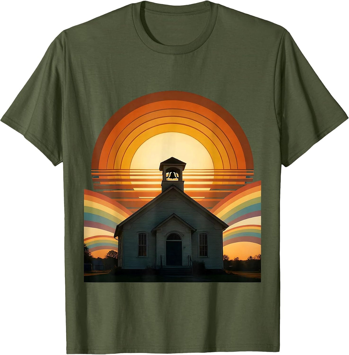 First Grade Teacher Schoolhouse Sunrise Design T-Shirt - Olive Green
