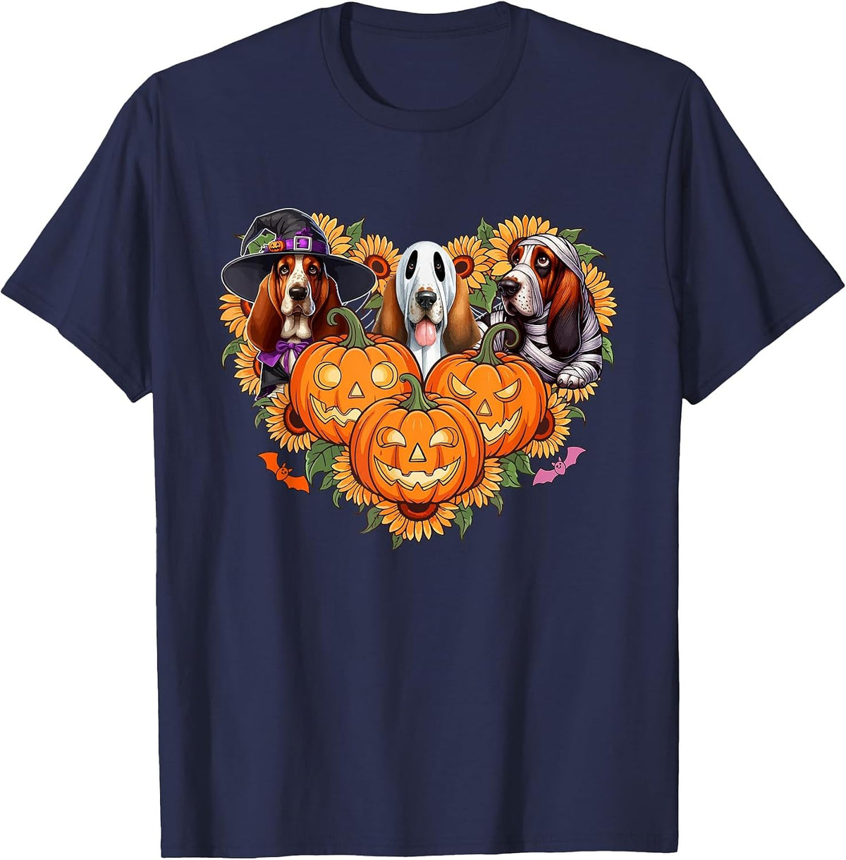 Three Halloween Basset Hounds Cosplay Witch Boo Mummy T-Shirt - Navy Blue