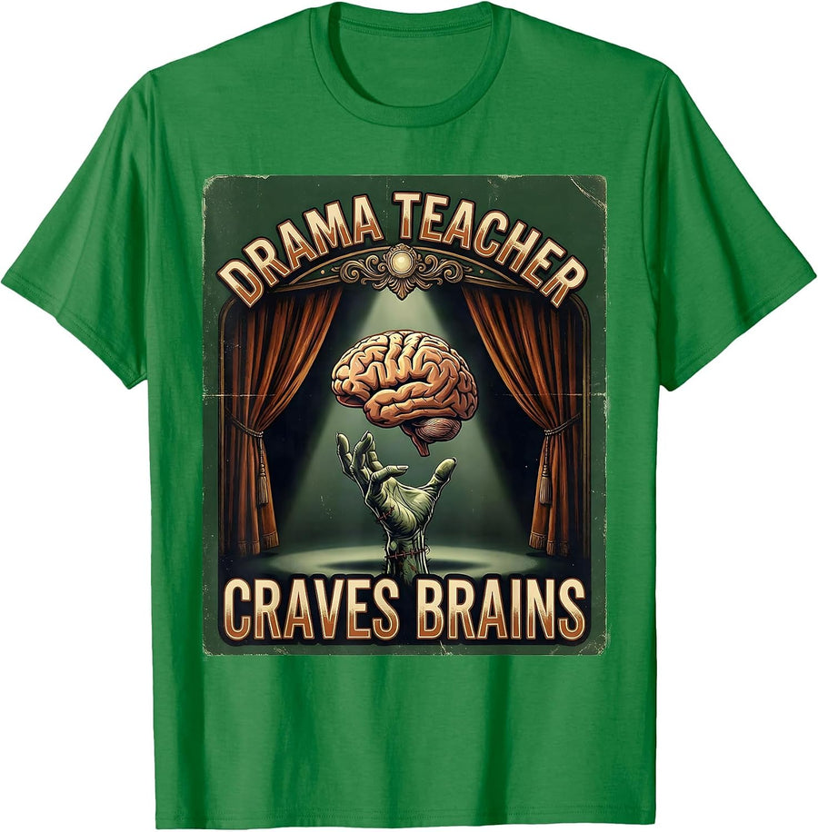 Men's Drama Teacher Craves Brains Vintage Halloween Teacher Zombie T-Shirt - Kelly Green