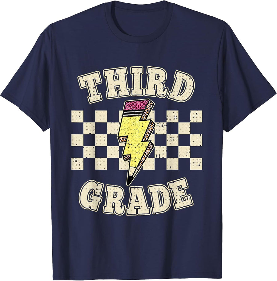 Third Grade Lighting Bolt Pencil Retro 3rd Grade Teacher T-Shirt - Navy Blue