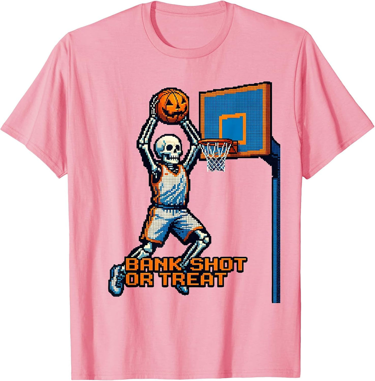 Men's Bank Shot or Treat Pixel Art Halloween Skeleton Basketball T-Shirt - Pink