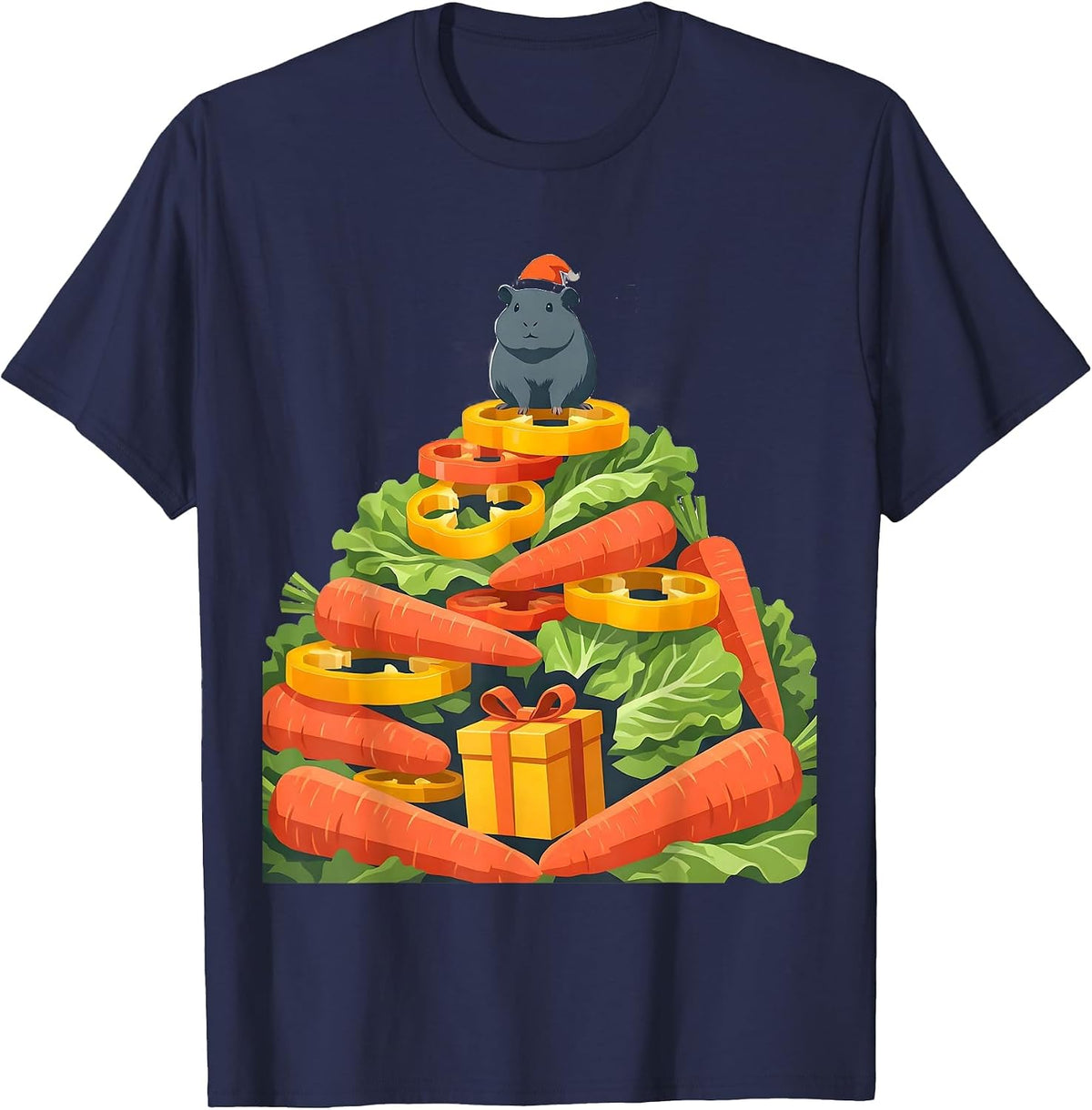 Stacked Vegetables Guinea Pig Santa Hat Christmas Humor T-Shirt - Navy Blue