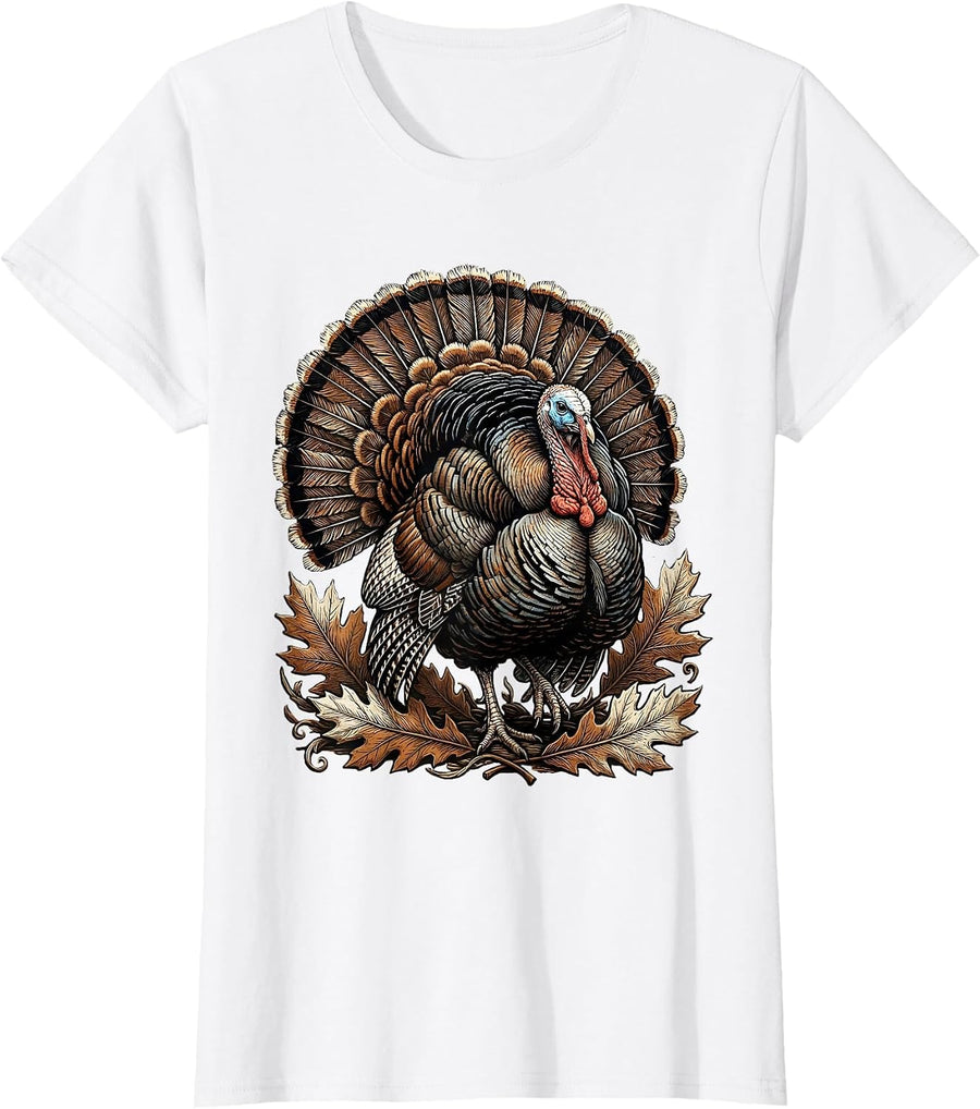 Women's Strutting Turkey Autumn Leaves Thanksgiving Design T-Shirt - White