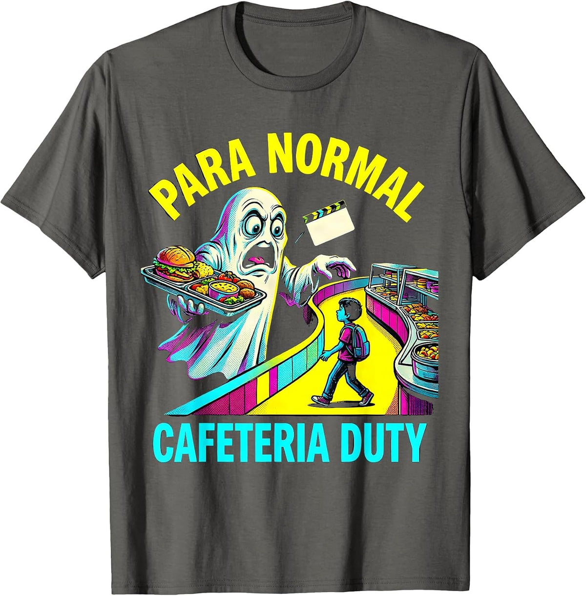 Men's Para Normal Cafeteria Duty Pop Art Ghost Para Halloween T-Shirt - Asphalt Grey