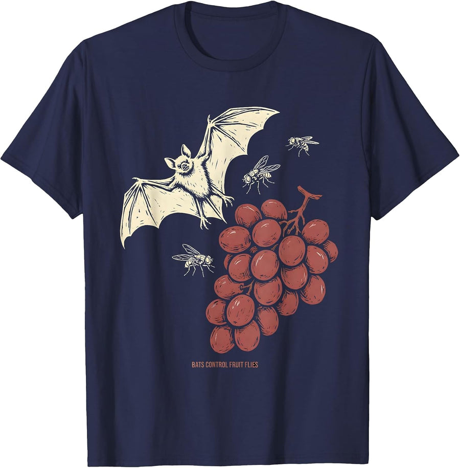 Bats Control Fruit Flies Linocut Bat Lover Halloween Humor T-Shirt - Navy Blue