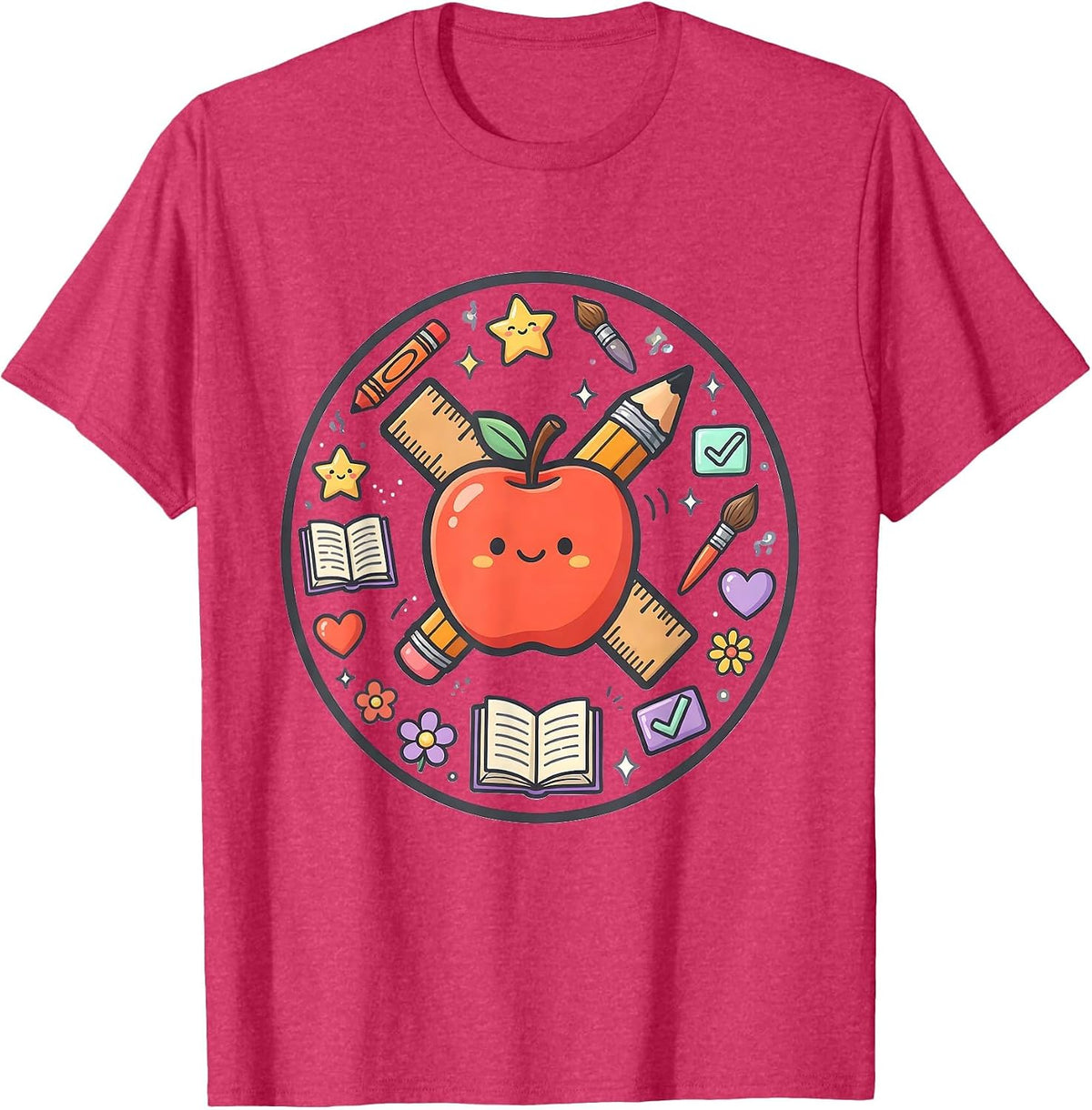 Kindergarten Teacher Apple Ruler Pencil Graphic T-Shirt - Red Heather