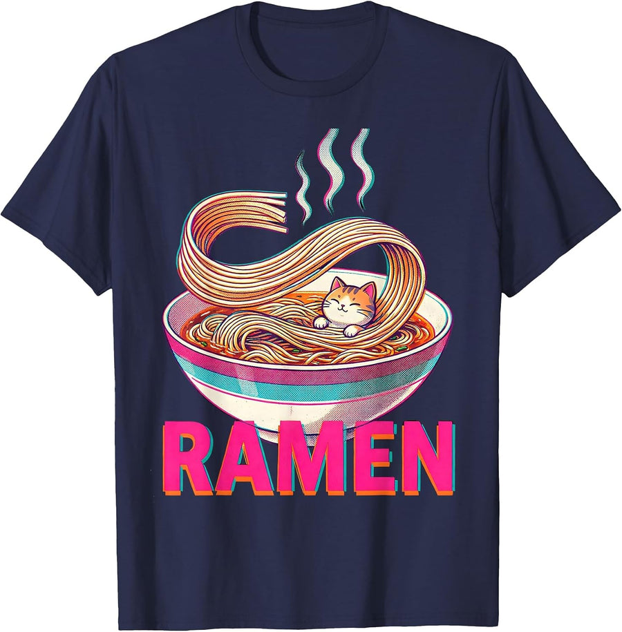 RAMEN Kawaii Anime Cat Japanese Humor Retro Ramen Lover T-Shirt - Navy Blue