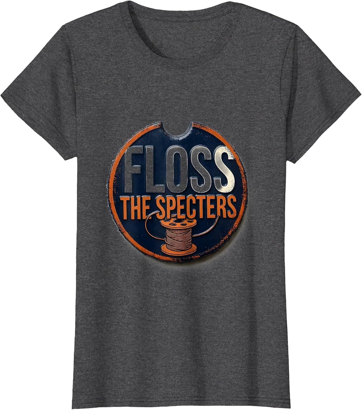 Women's Floss the Specters Rubber Stamp Halloween Dental Humor T-Shirt - Dark Heather Grey