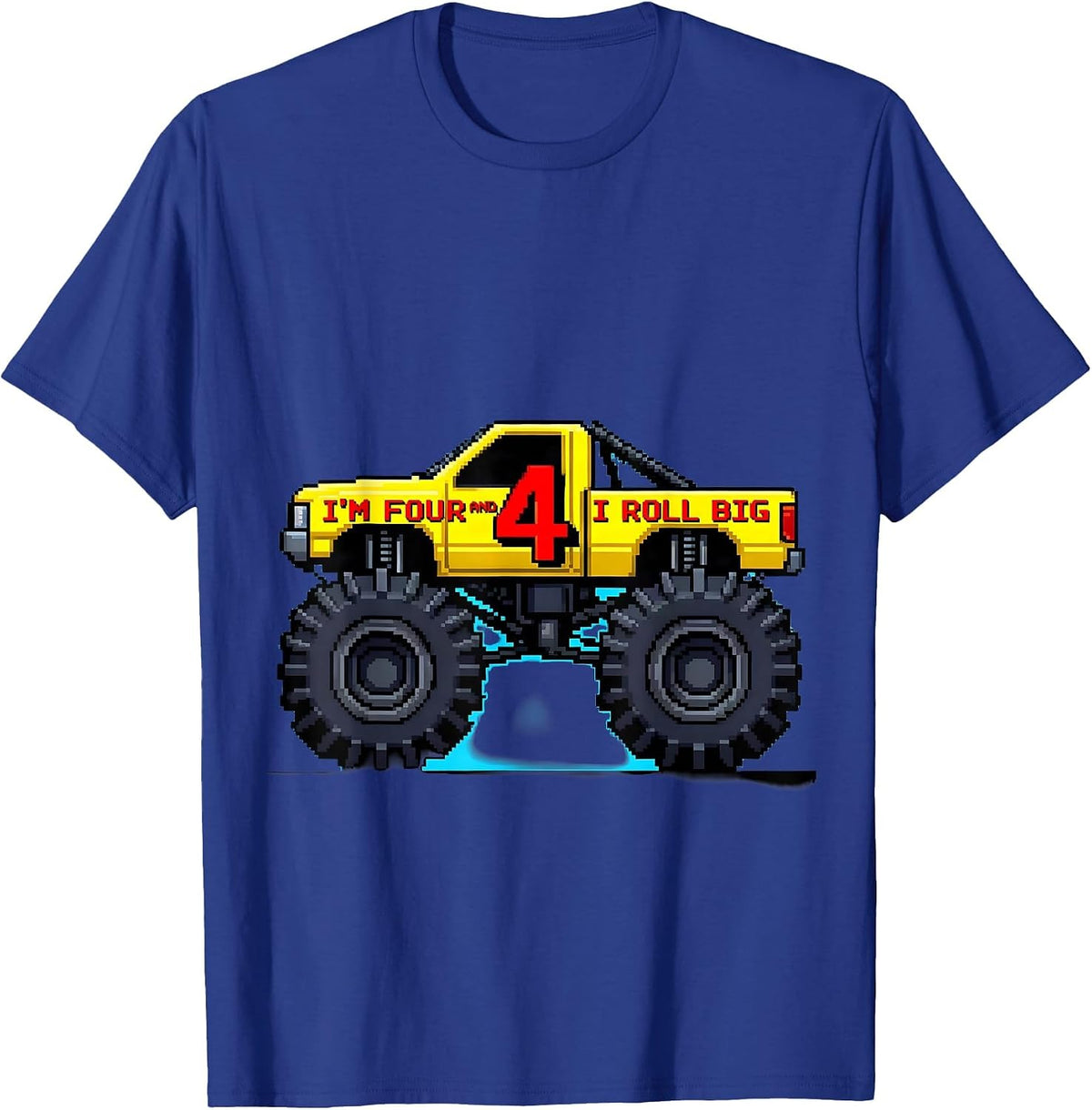 Men's I'm Four and I Roll Big Pixel Art Monster Truck Birthday Boy T-Shirt - Royal Blue