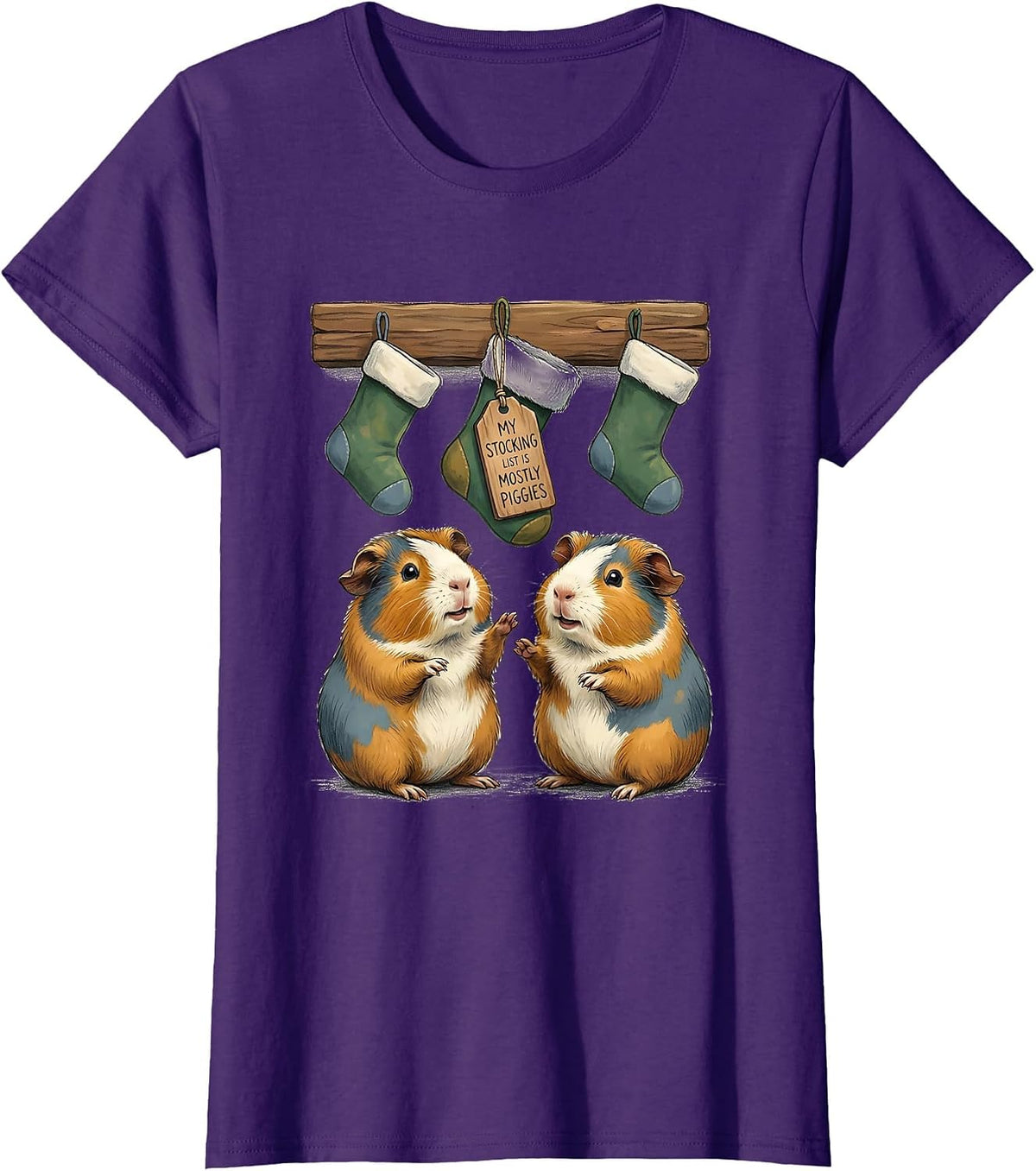 Women's My Stocking List Is Mostly Piggies Storybook Guinea Pig T-Shirt - Purple