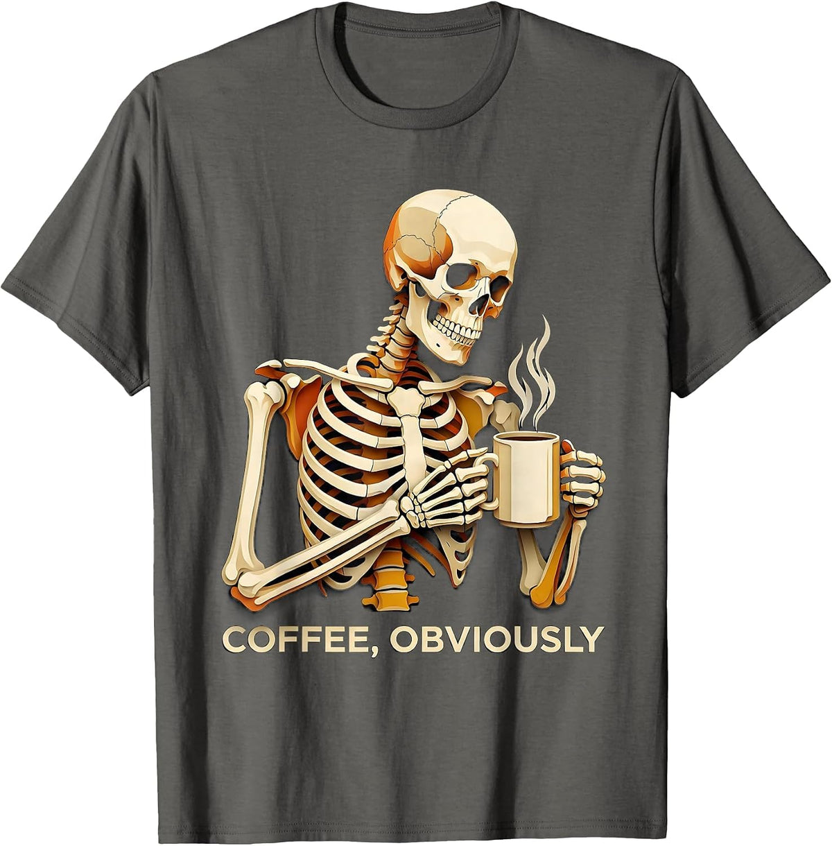 Men's Coffee, Obviously Whimsical Dry Humor Halloween Skeleton T-Shirt - Asphalt Grey