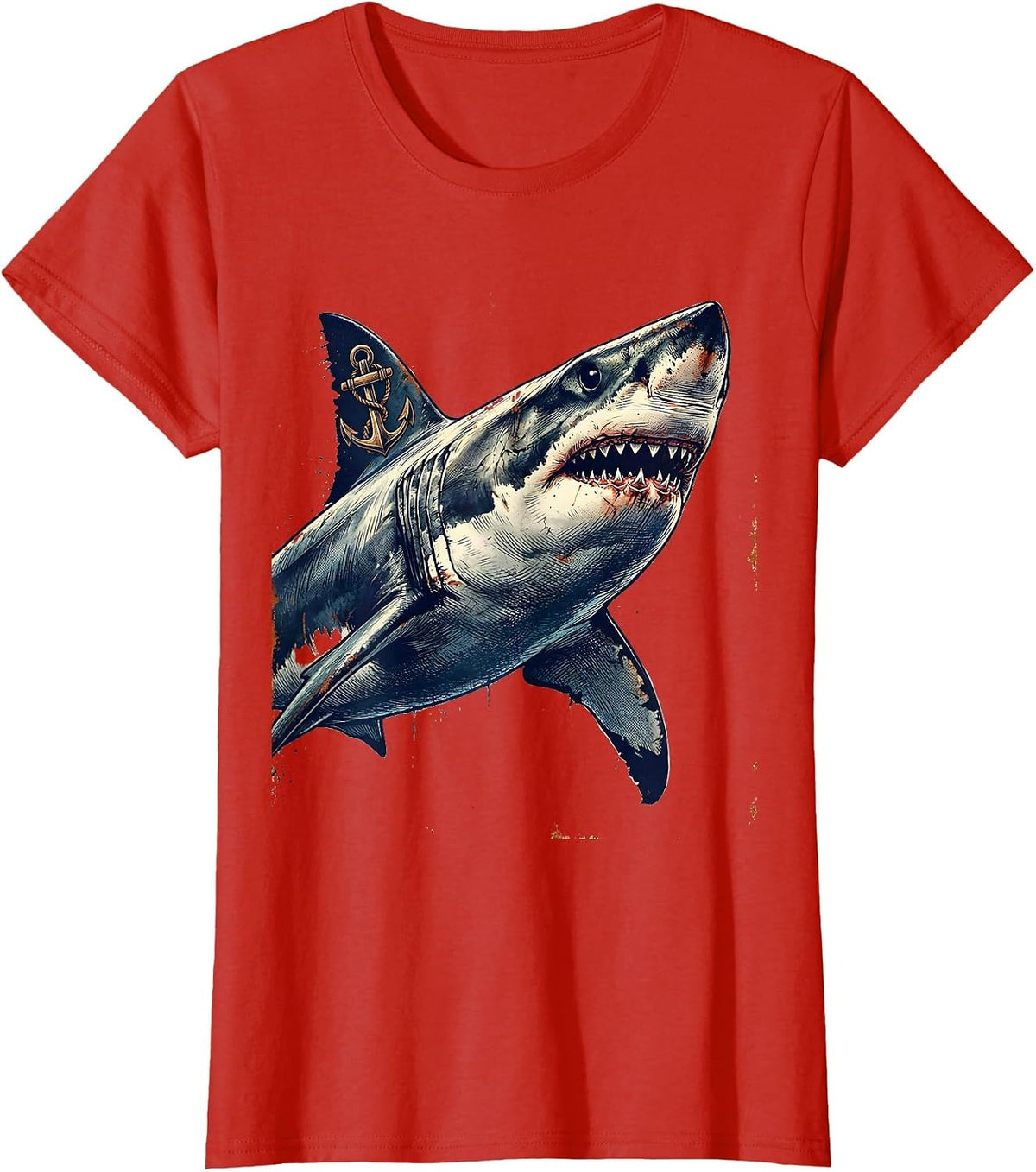 Shark With Anchor Tattoo Art Graphic Tee T-Shirt - Red