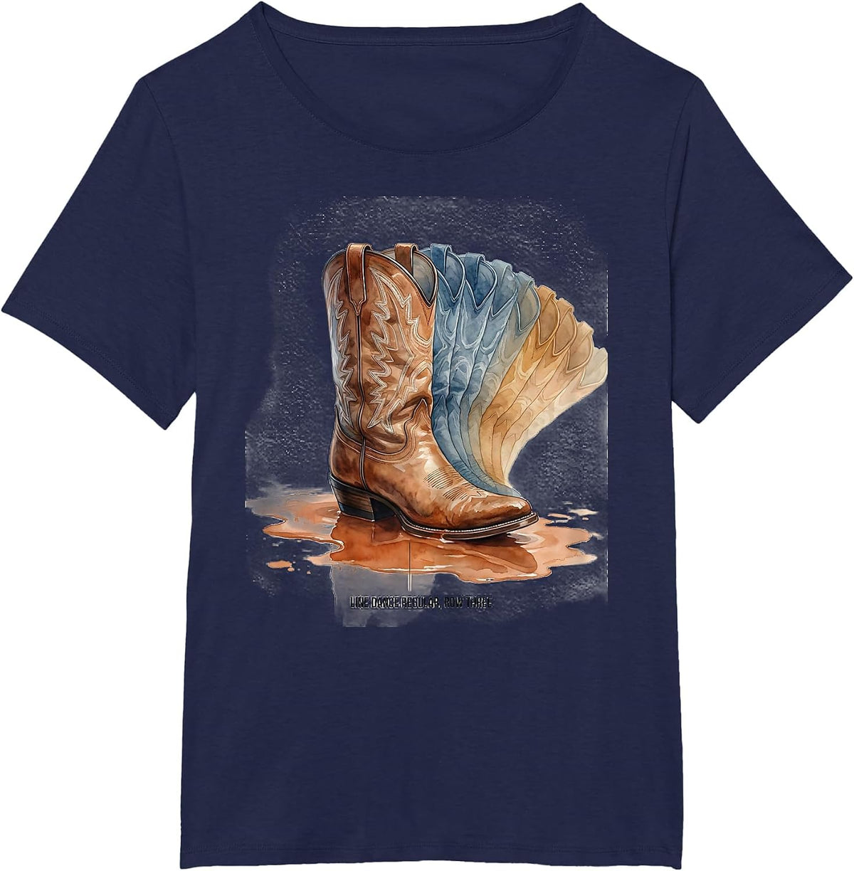 Women's Line Dance Regular Row Three Watercolor Cowboy Boot Dancer T-Shirt - Navy Blue