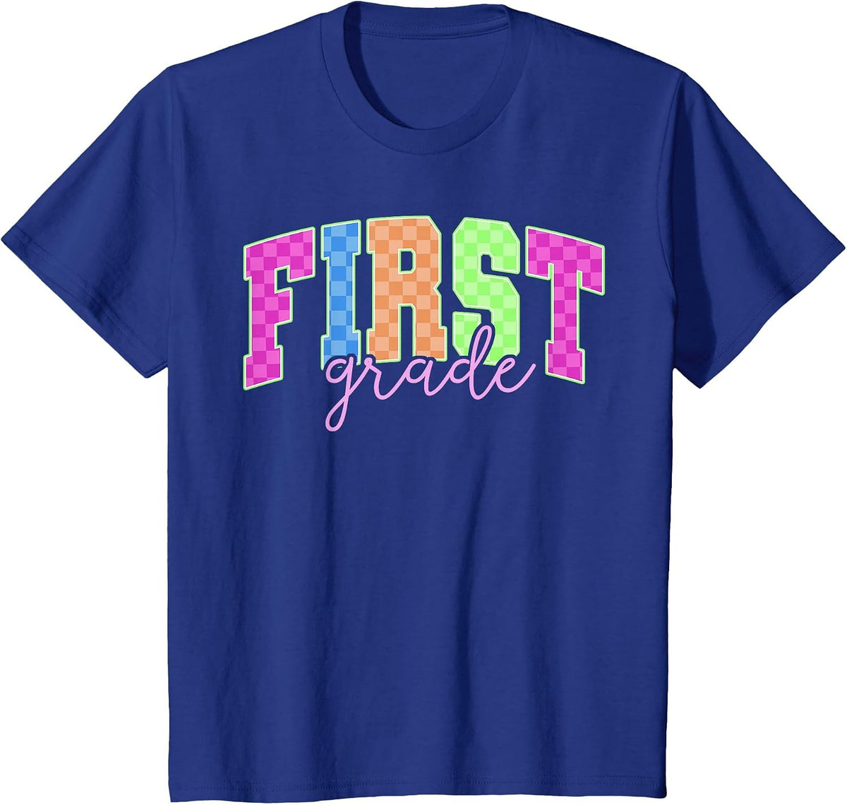 Back to School Neon Checkered First Grade, Colorful Teacher T-Shirt - Royal Blue