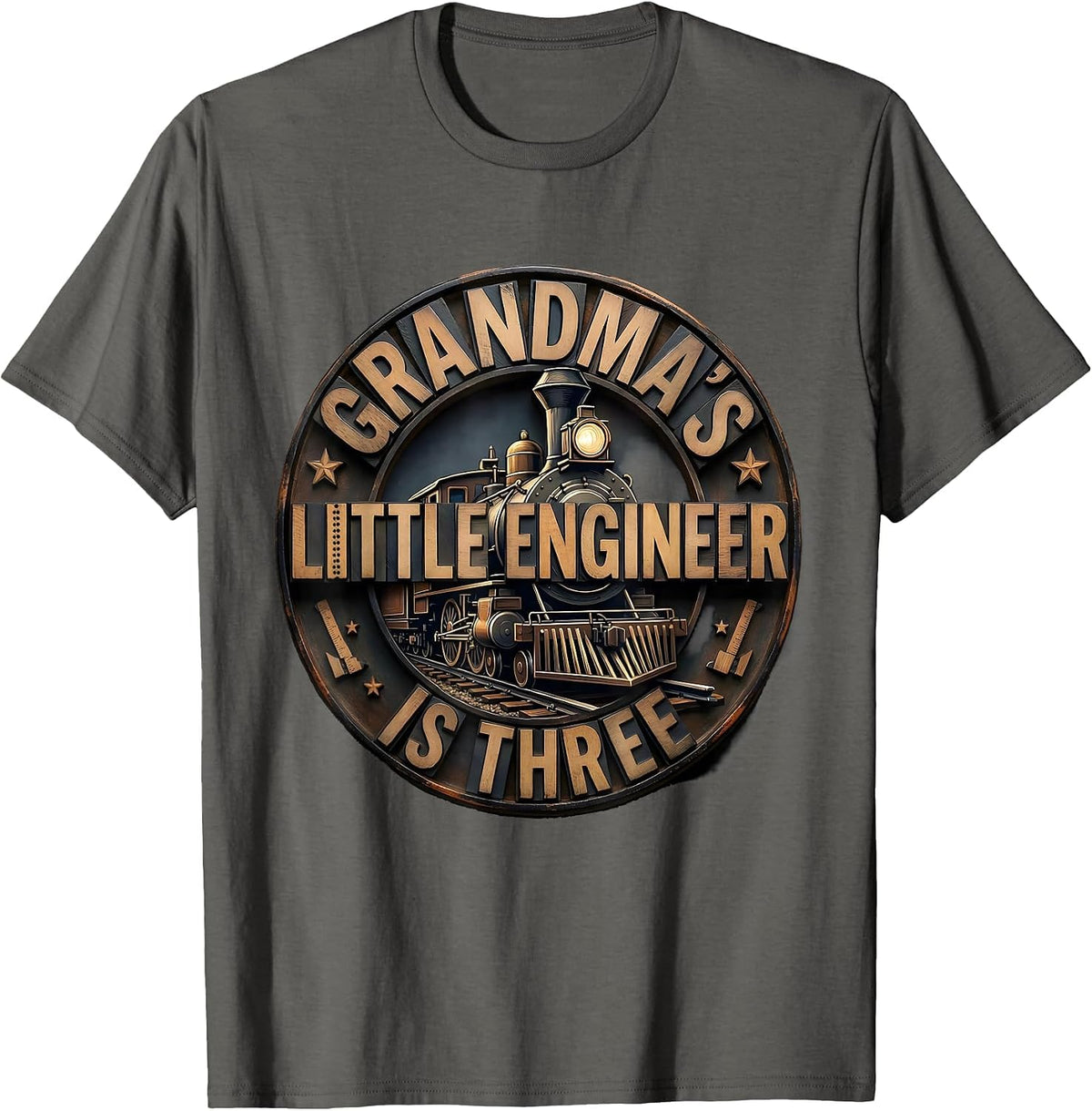 Grandma's Little Engineer Is Three Funny Toddler Train 3rd T-Shirt - Asphalt Grey