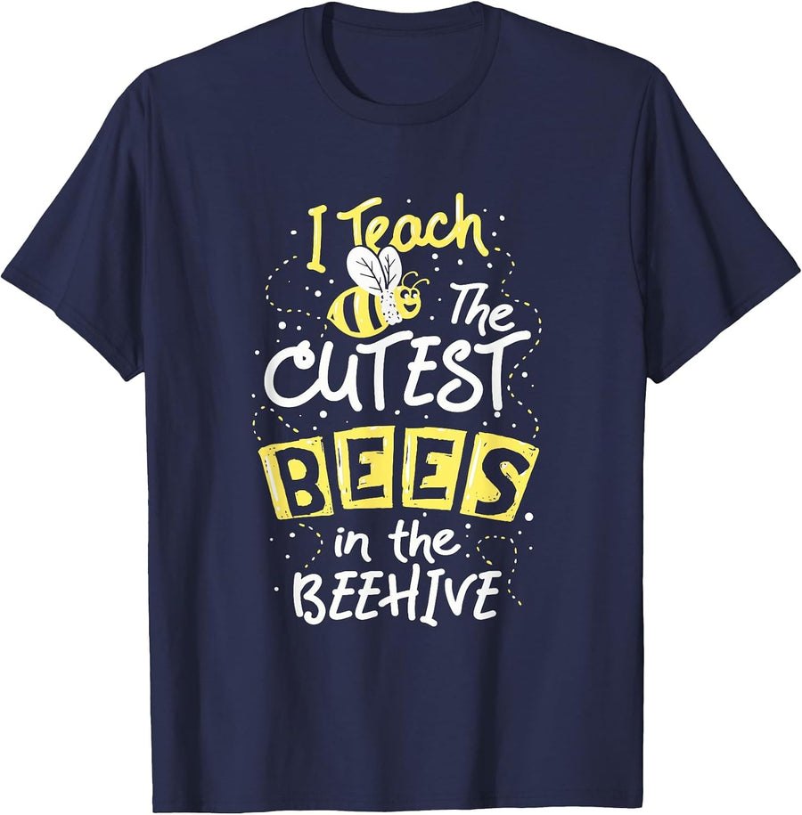I Teach The Cutest Bees in The Beehive Kindergarten Teacher T-Shirt - Navy Blue
