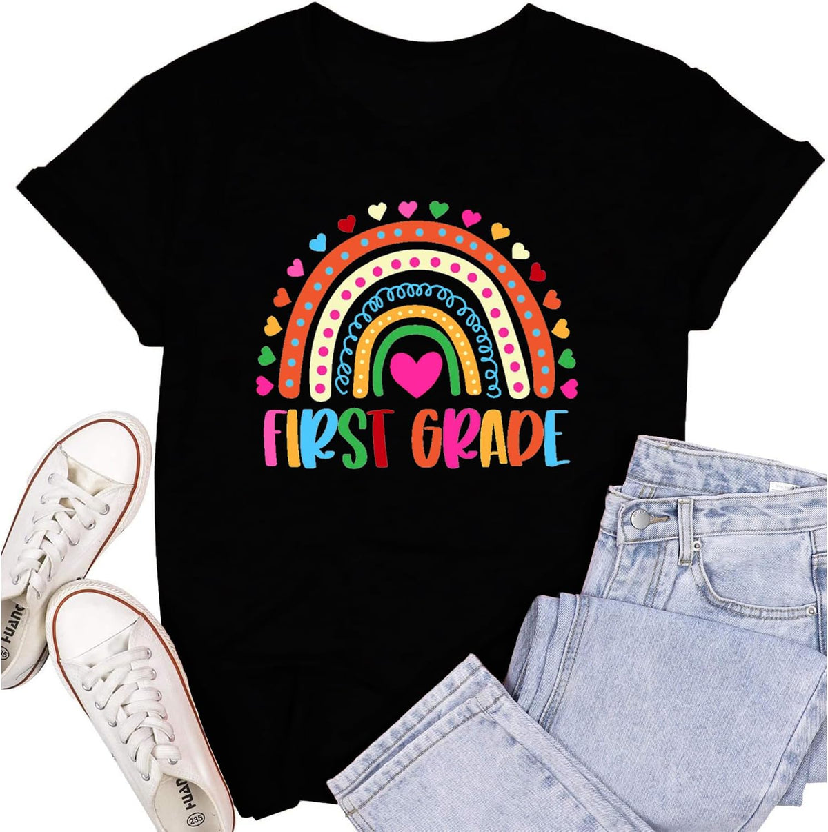 First Grade Teacher Team Shirts for Women 1st Grade Teacher Rainbow Tee Top Teaching Life Tshirt - Black