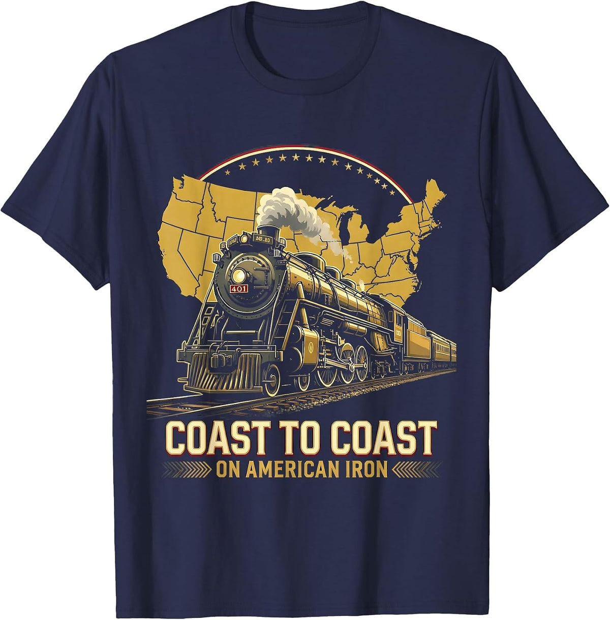Coast to Coast on American Iron Locomotive Design T-Shirt - Navy Blue