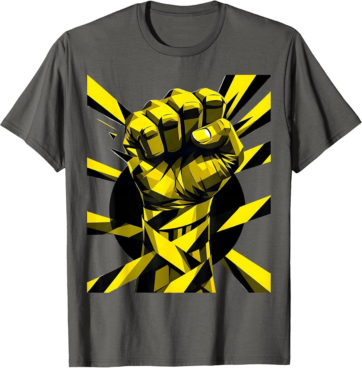 Caution Fist Yellow Black Striped Graphic T-Shirt - Asphalt Grey