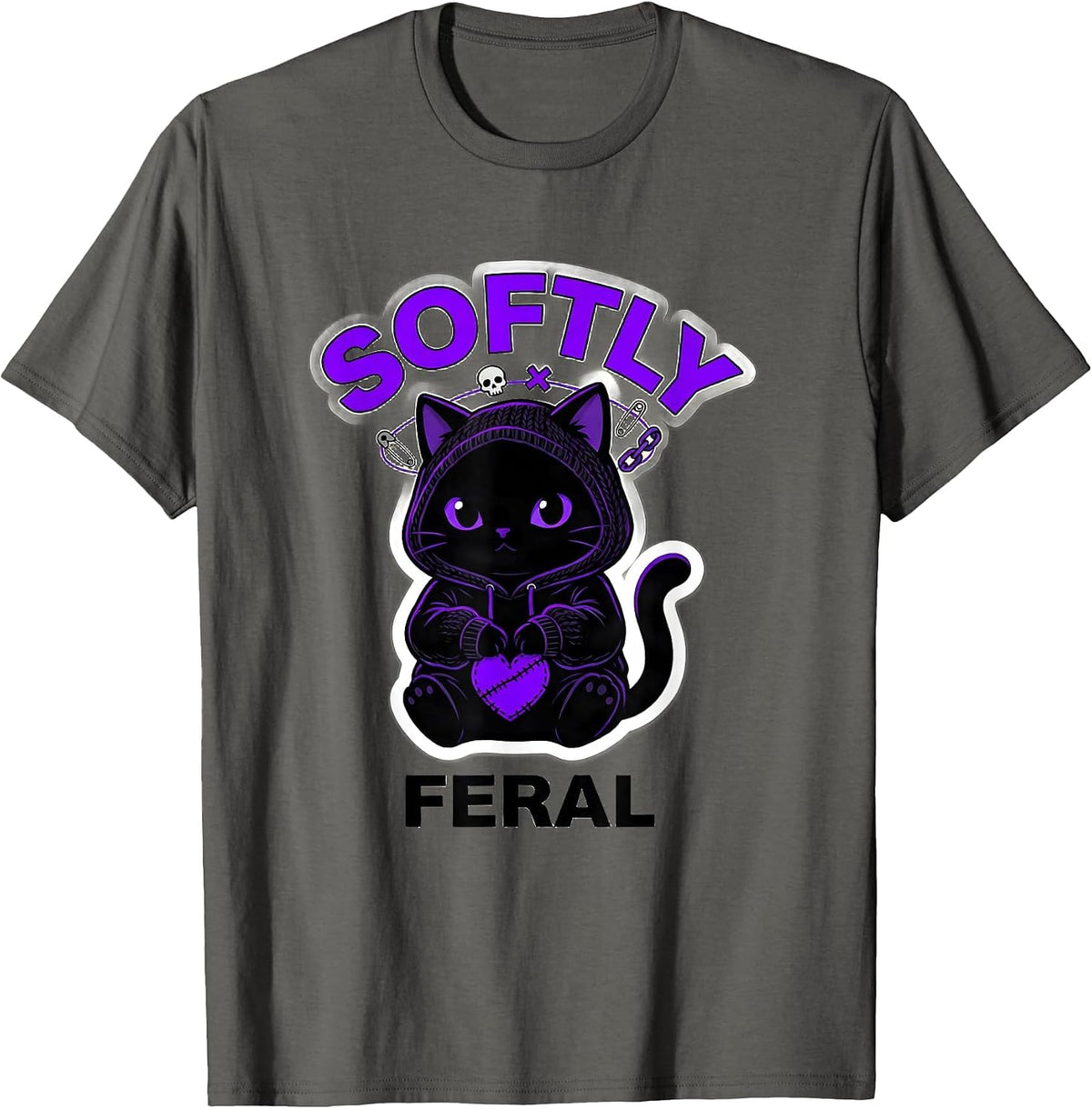 Softly Feral Chibi Cat Emo Goth Alt Aesthetic Punk T-Shirt - Asphalt Grey