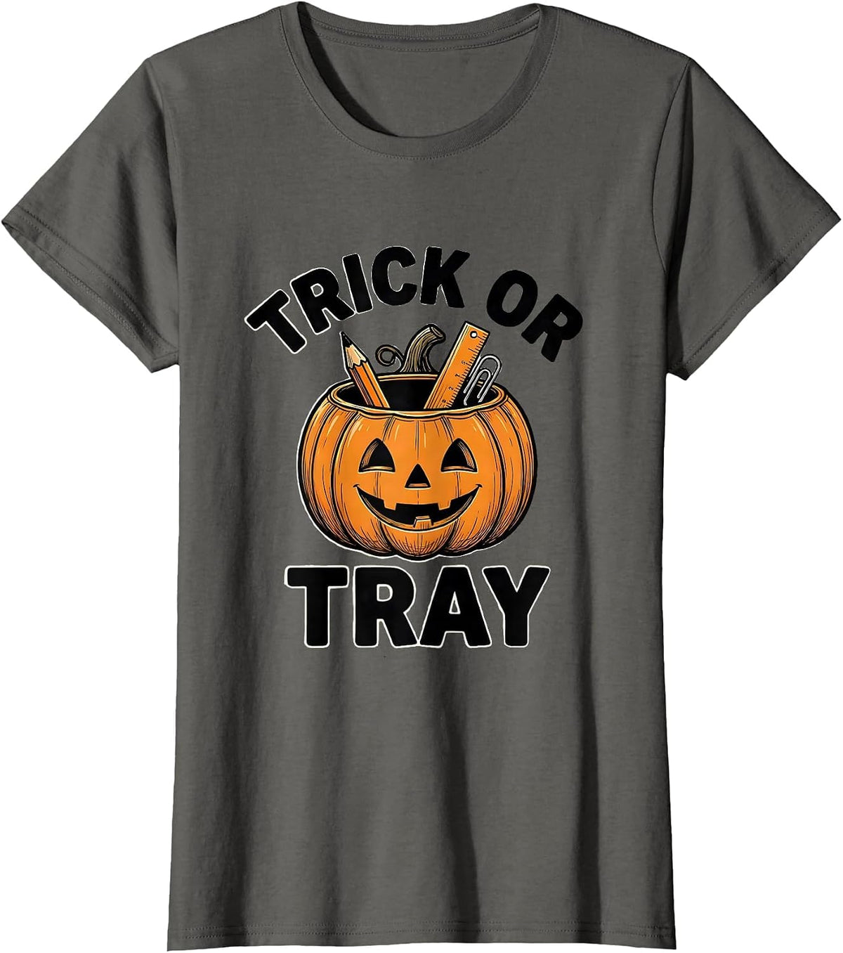 Women's Trick or Tray Line Art Teacher Halloween Back to School T-Shirt - Asphalt Grey