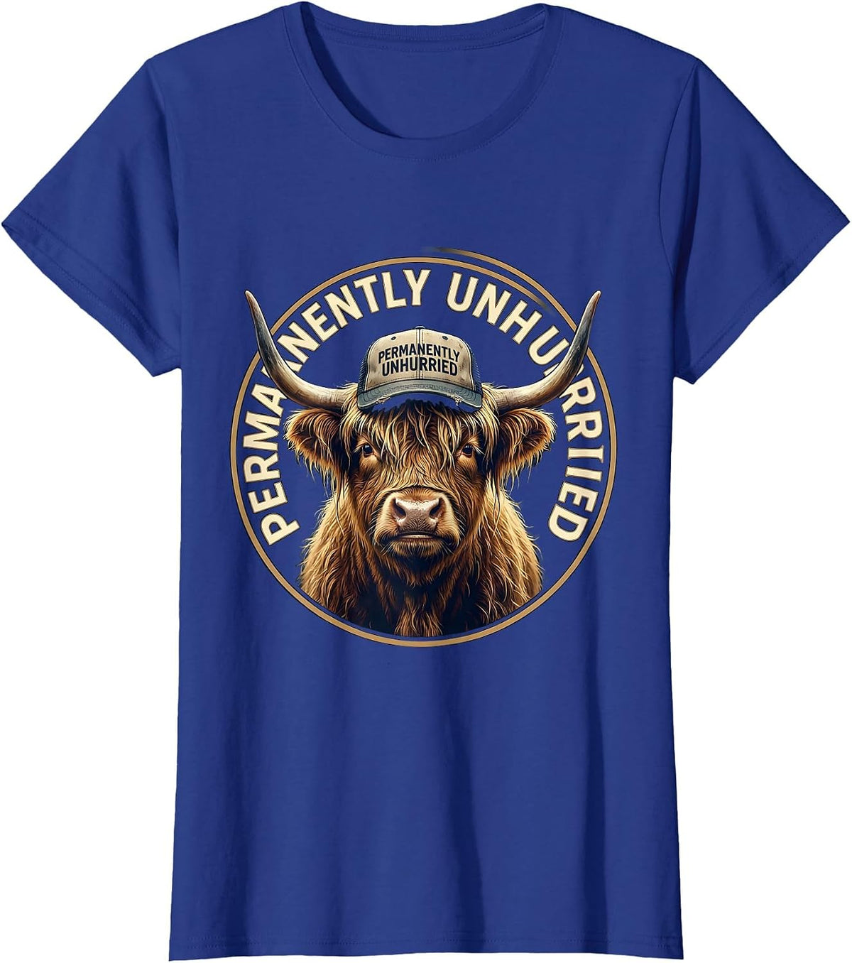 Women's Permanently Unhurried Highland Cow Humor Farm Life T-Shirt - Royal Blue
