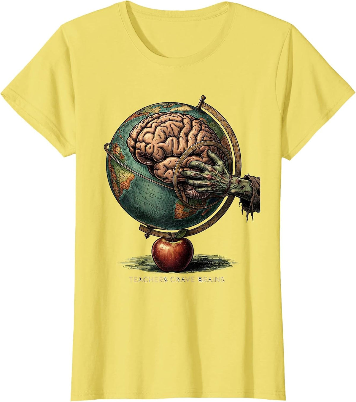 Women's Teachers Crave Brains Vintage Funny Zombie Teacher Halloween T-Shirt - Lemon Yellow