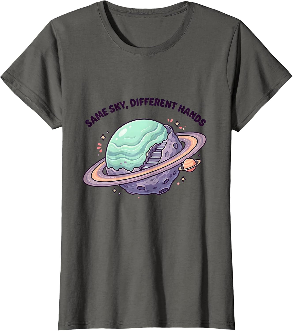 Women's Same Sky Different Hands Cute Kawaii Neurodiverse Universe T-Shirt - Asphalt Grey