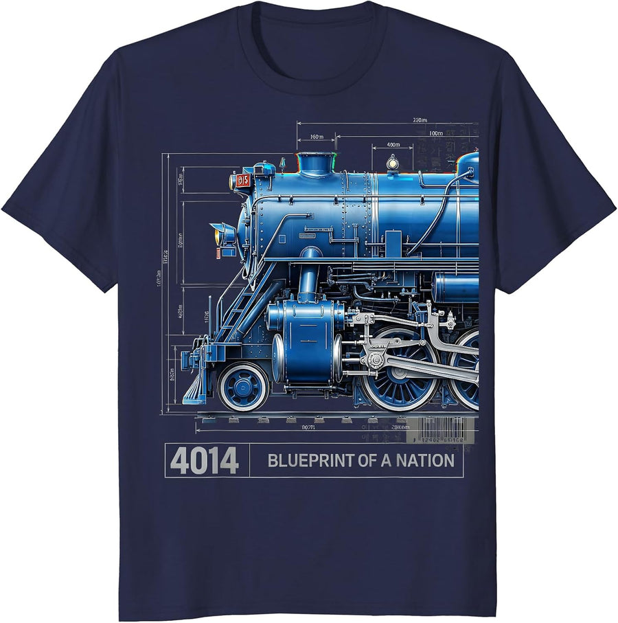 4014 Blueprint of a Nation Steam Locomotive Design T-Shirt - Navy Blue