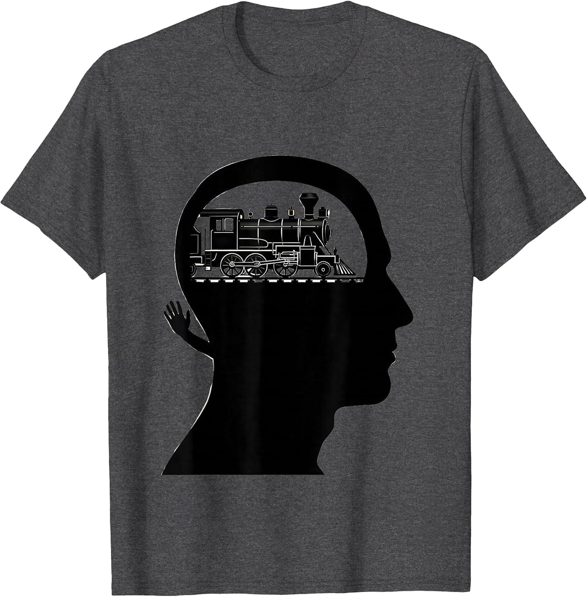 Men's Locomotive In Head Silhouette Funny Train Enthusiast T-Shirt - Dark Heather Grey