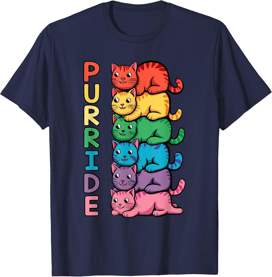 Gay Pride Month Ally Cat Funny LGBTQ Rainbow Men Women Kids T-Shirt - Navy Blue