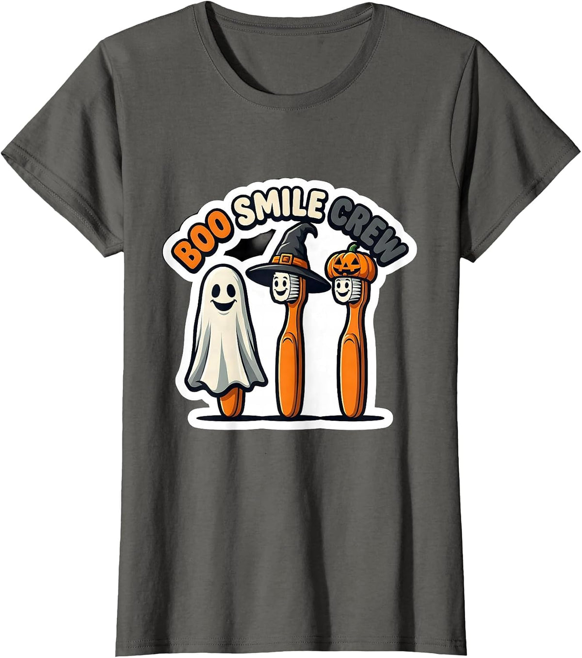 Women's Boo Smile Crew Halloween Dentist Dental Costume Humor T-Shirt - Asphalt Grey