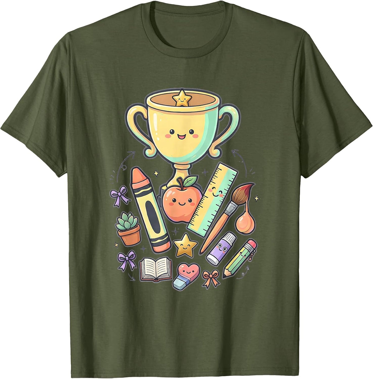 Kindergarten Teacher Trophy Desk Illustration T-Shirt - Olive Green