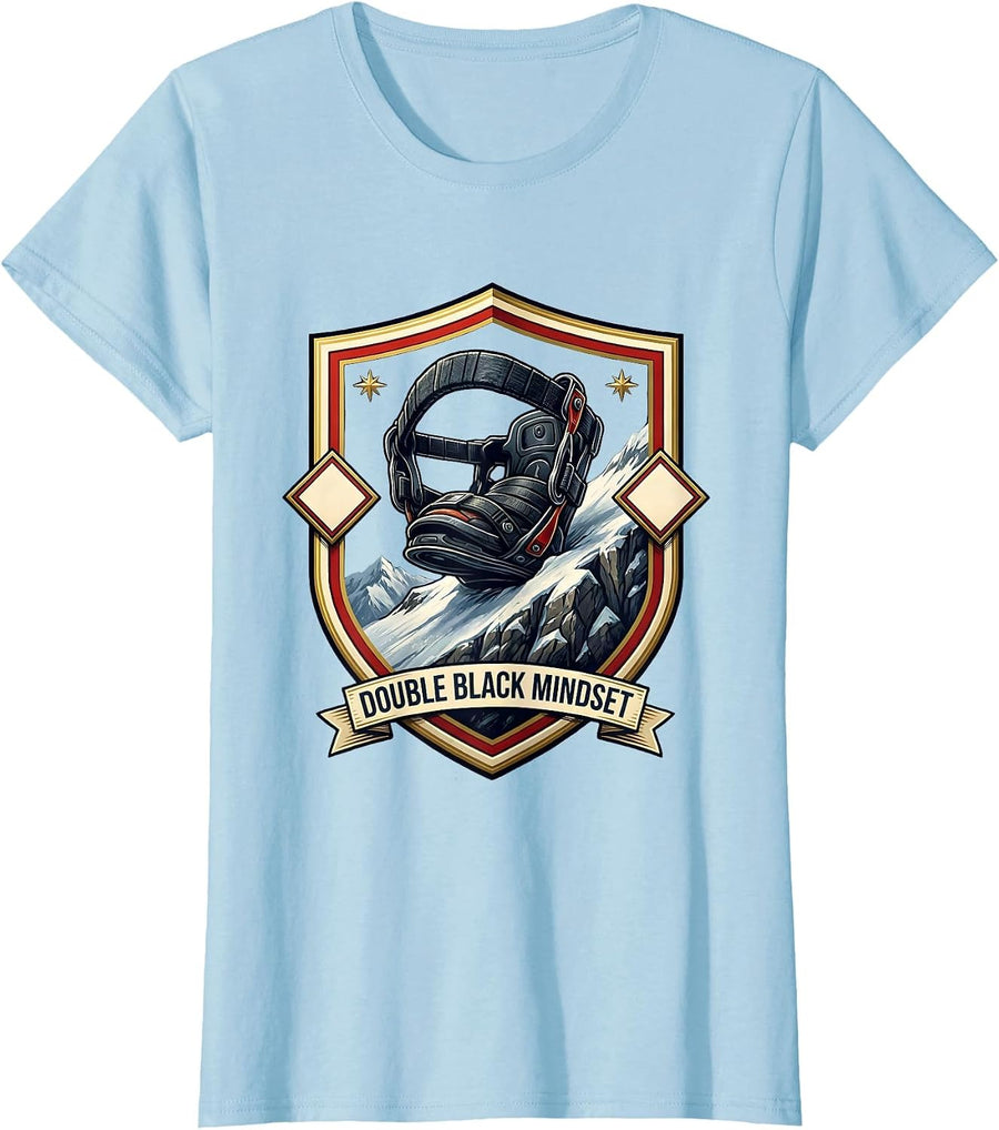 Women's Double Black Mindset Funny Snowboarder Ski Humor Emblem T-Shirt - Baby Blue