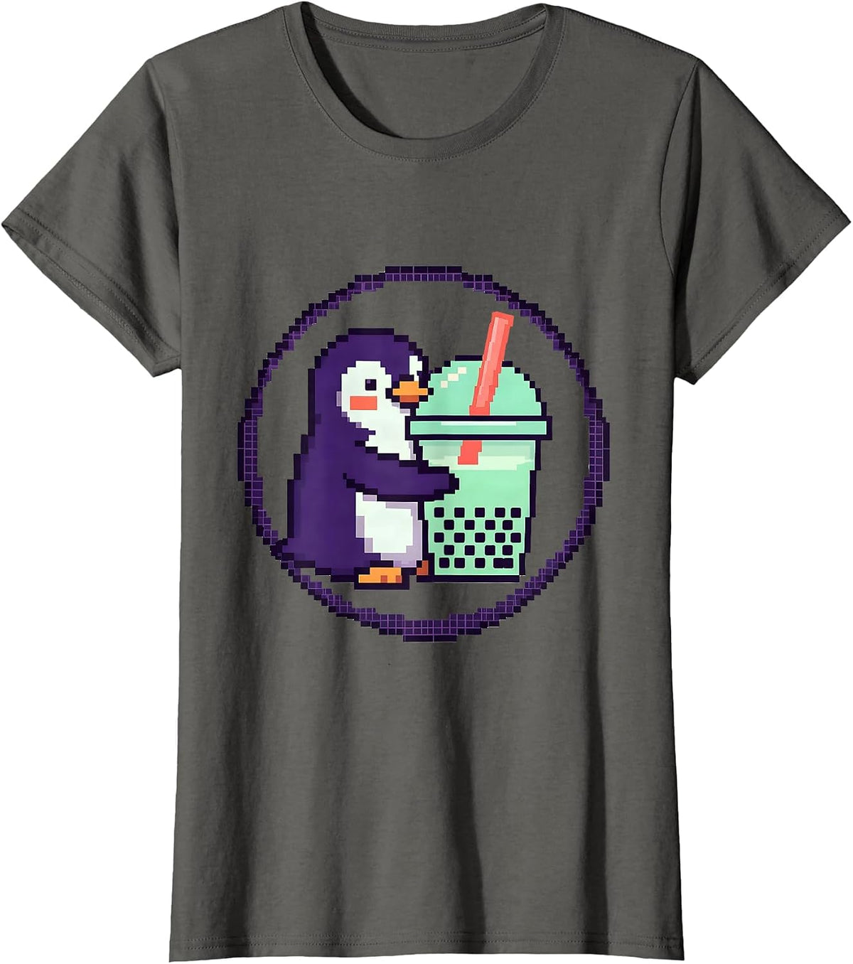 Women's Round Penguin Boba Tea Kawaii Anime Girl T-Shirt - Asphalt Grey
