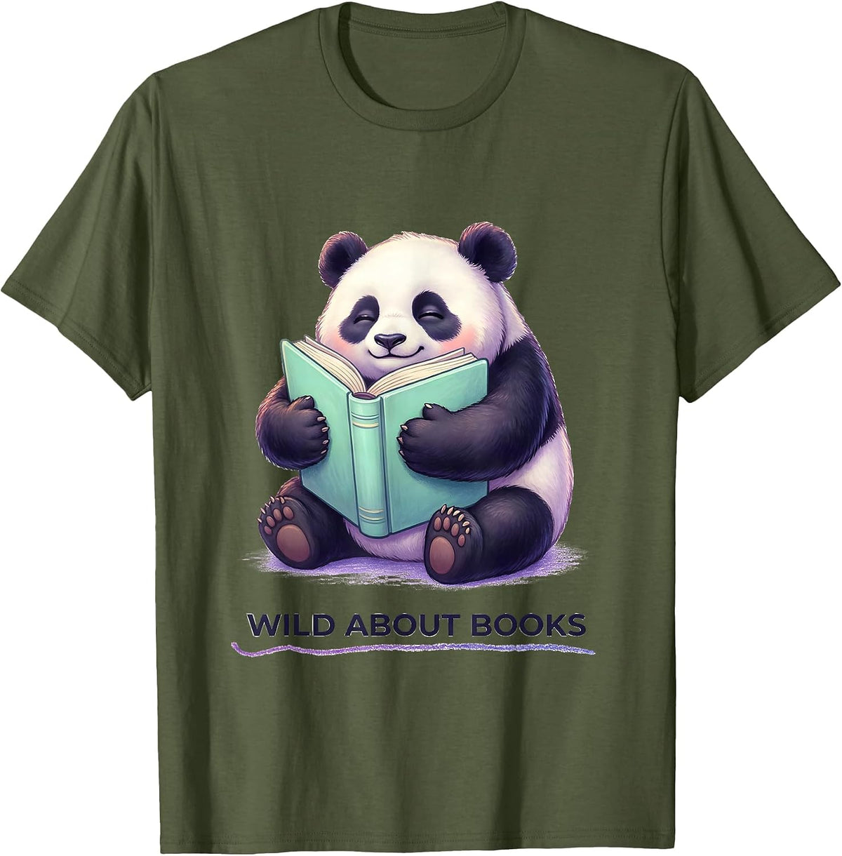 Men's Wild About Books Cute Kawaii Panda Teacher Back To School T-Shirt - Olive Green