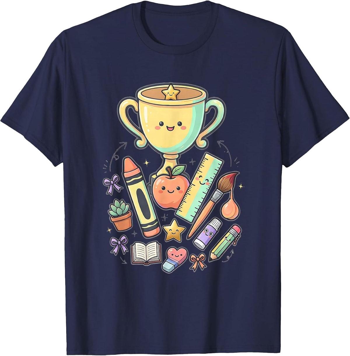 Kindergarten Teacher Trophy Desk Illustration T-Shirt - Navy Blue