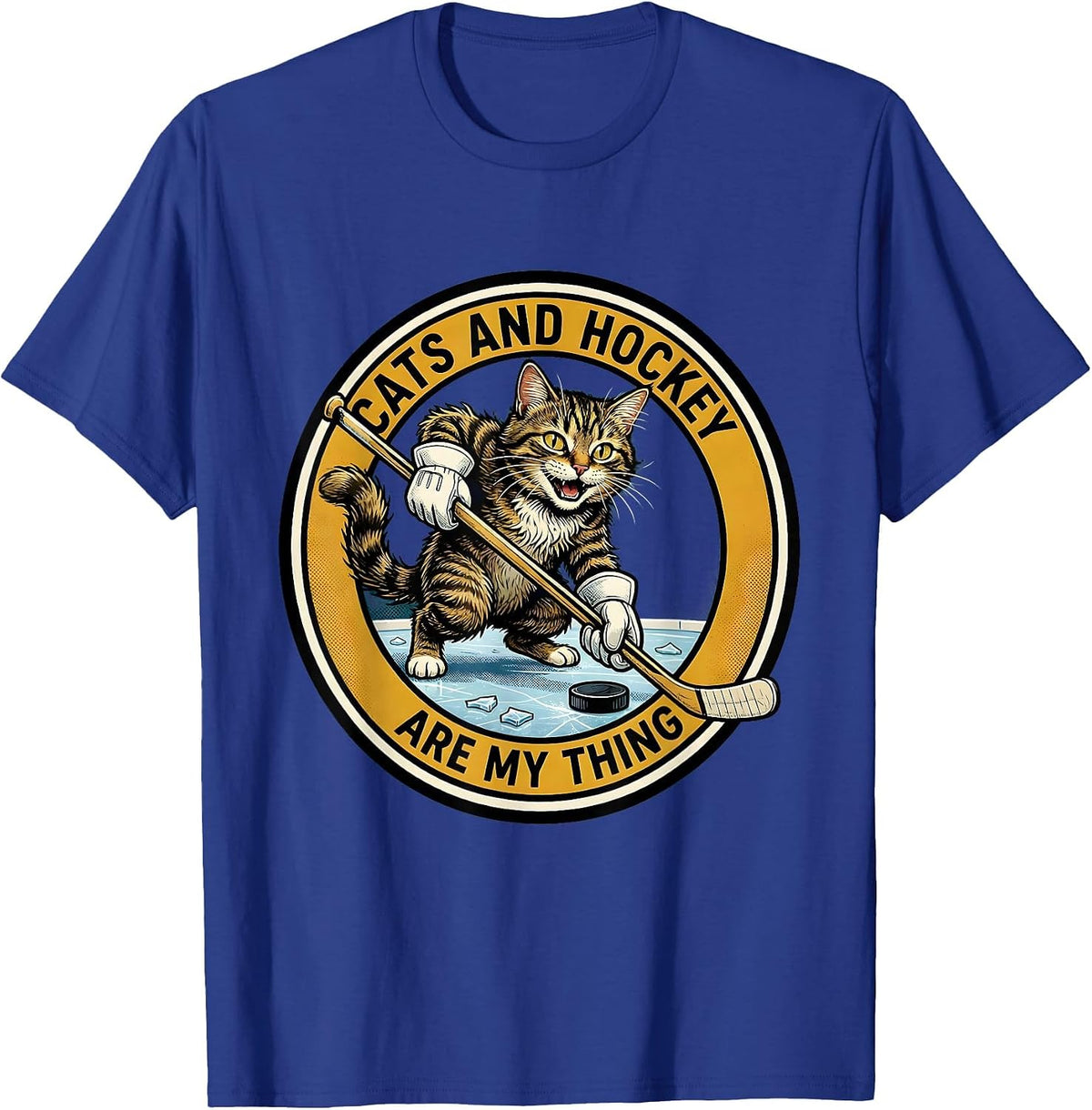 Cats And Hockey Are My Thing Retro Cartoon Cat Lover Hockey T-Shirt - Royal Blue