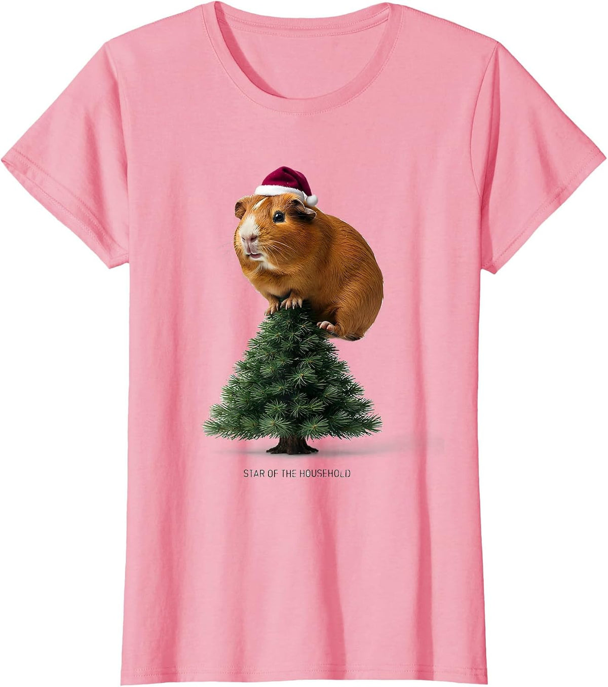 Women's Star Of The Household Funny Guinea Pig Christmas Santa Hat T-Shirt - Pink