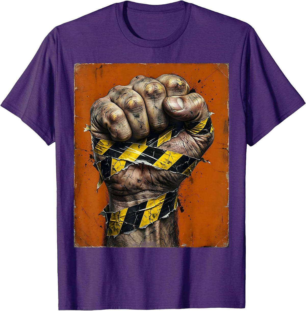 Black and Yellow Caution Fist Graphic Design T-Shirt - Purple