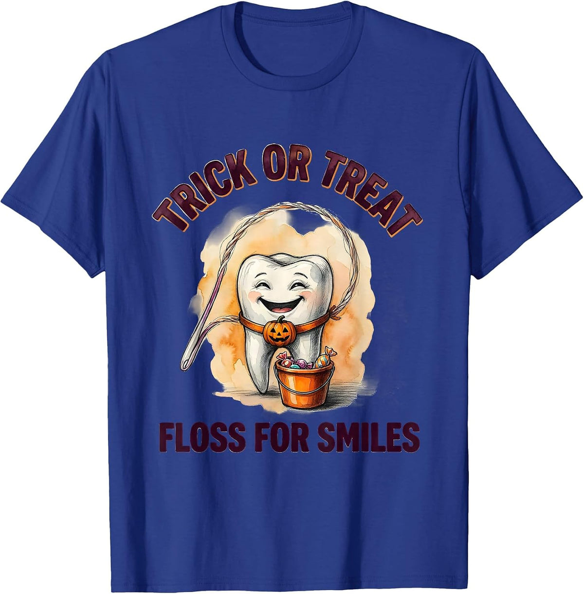 Men's Trick Or Treat Floss For Smiles Watercolor Dental Humor T-Shirt - Royal Blue