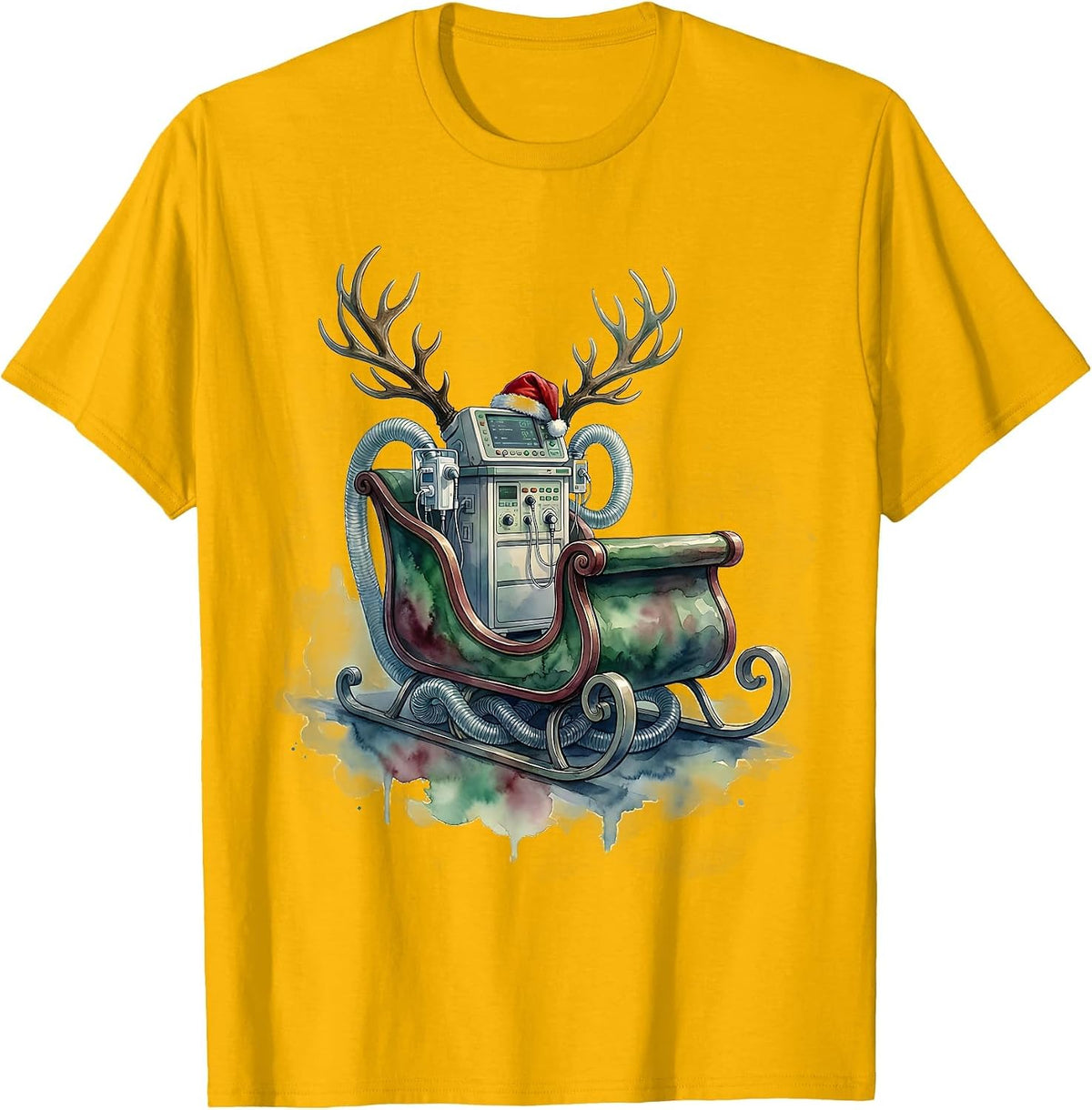 Men's Watercolor Ventilator Sleigh Christmas Respiratory Therapist T-Shirt - Golden Yellow
