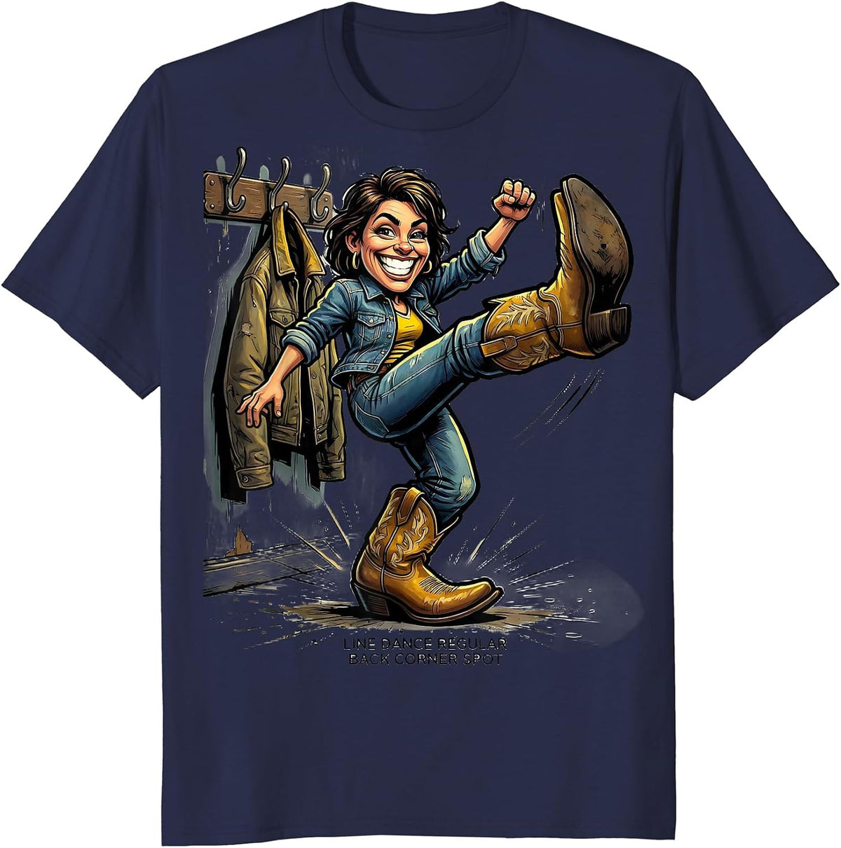 Men's Line Dance Regular Back Corner Spot Funny Line Dance Cowboy T-Shirt - Navy Blue