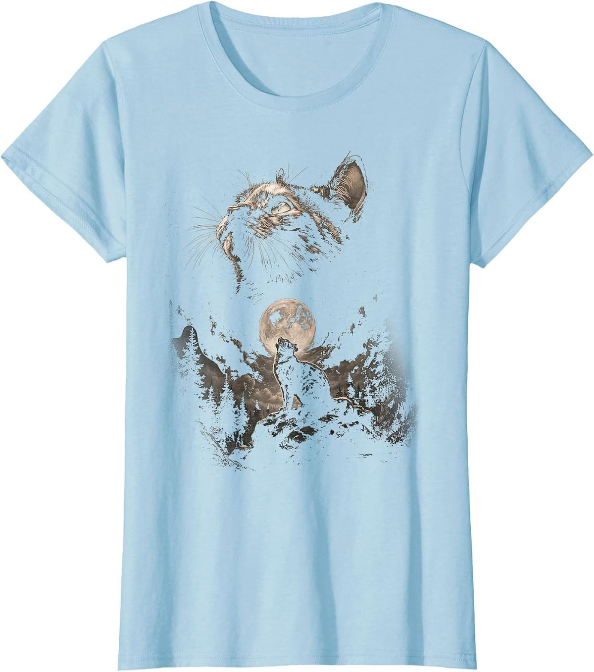 Tortoiseshell Cat Howling at Moon Vintage Cat Halloween T-Shirt - Baby Blue
