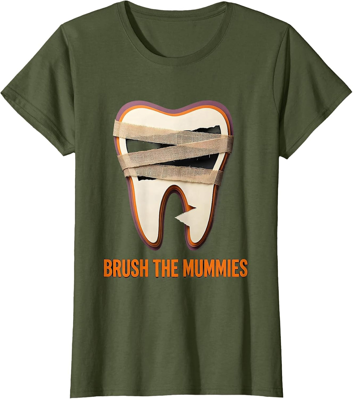 Women's Brush the Mummies Paper Cutout Dental Halloween Dentist T-Shirt - Olive Green
