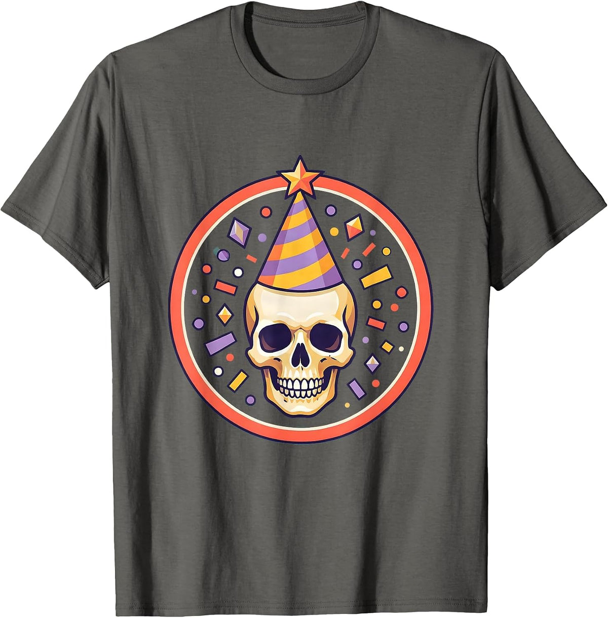 Men's Birthday Squad Skull Party Hat Confetti Design T-Shirt - Asphalt Grey