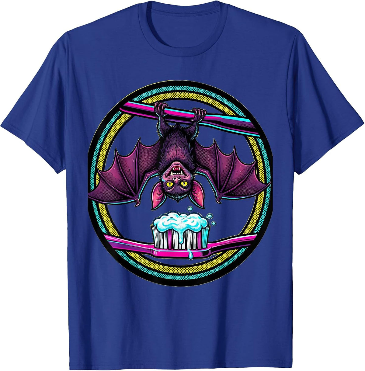 Vampire Bat on Toothbrush Halloween Dental Design T-Shirt - Royal Blue